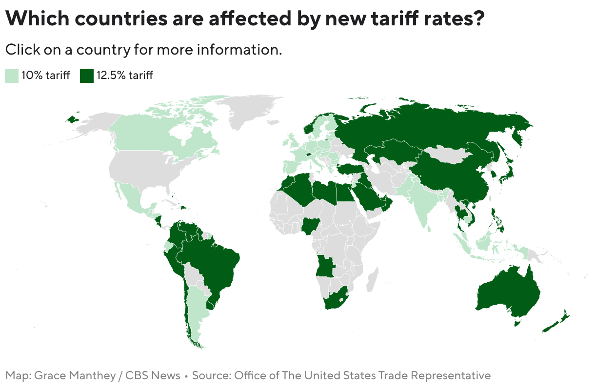Which countries are affected by new tariff rates? (Choropleth map)
