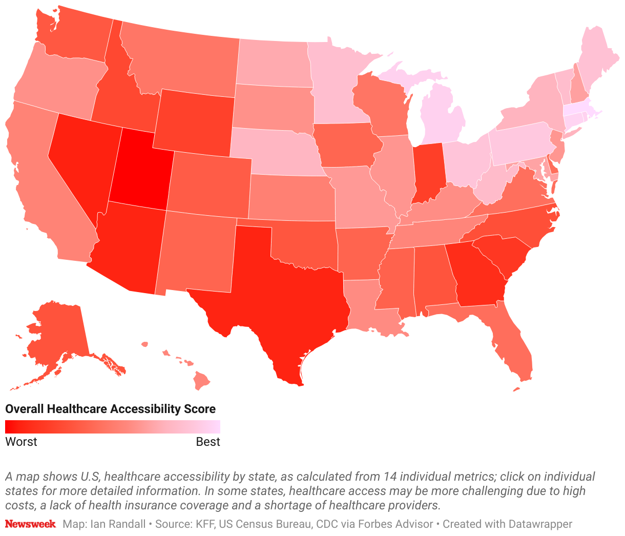 A map shows U.S, healthcare accessibility by state, as calculated from 14 individual metrics.