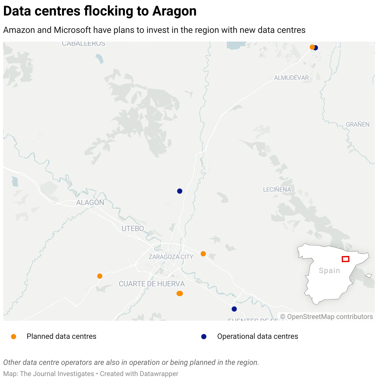 A map showing Amazon and Microsoft's data centres in Aragon, Spain