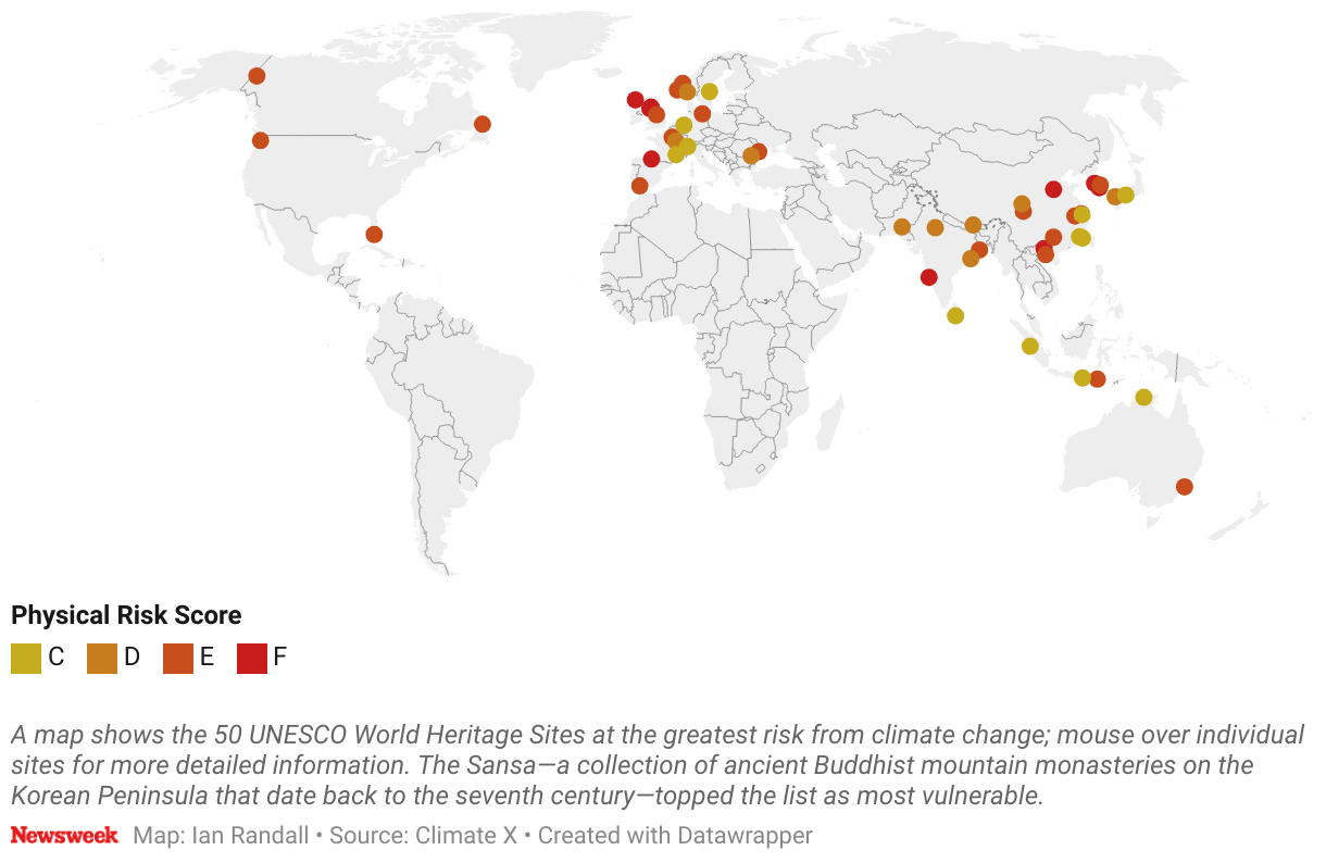 A map shows the 50 UNESCO World Heritage sites most at risk from climate change.