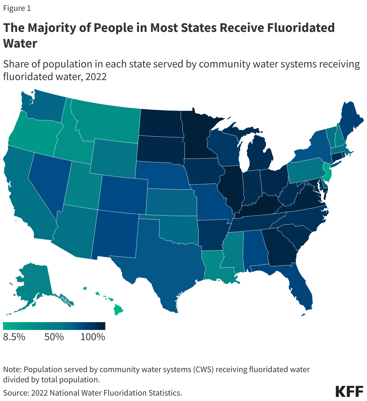 The Majority of People in Most States Receive Fluoridated Water data chart