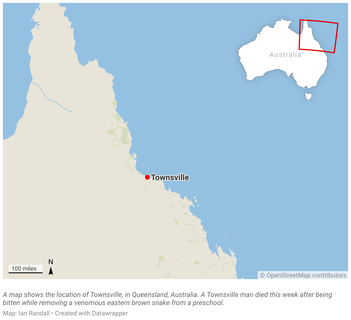 A map shows the location of Townsville, in Queensland, Australia.