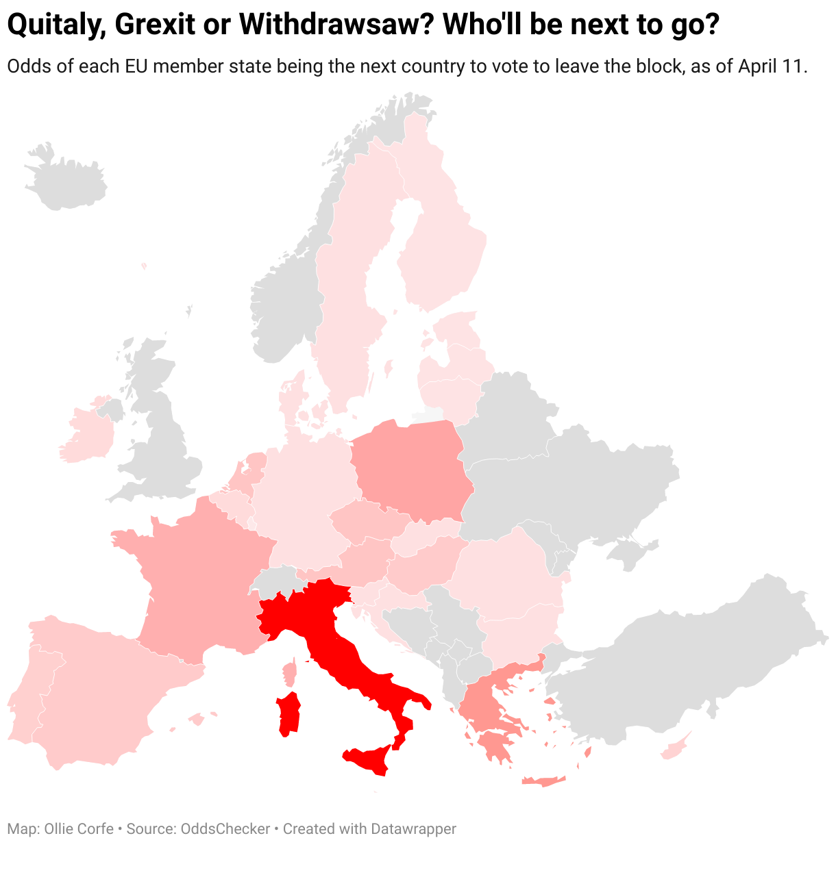 EU map according to likelihood of leaving the EU next.
