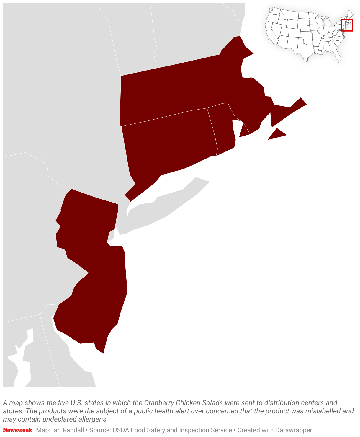 A map shows the five U.S. states in which the Cranberry Chicken Salads were sent to distribution centers and stores.