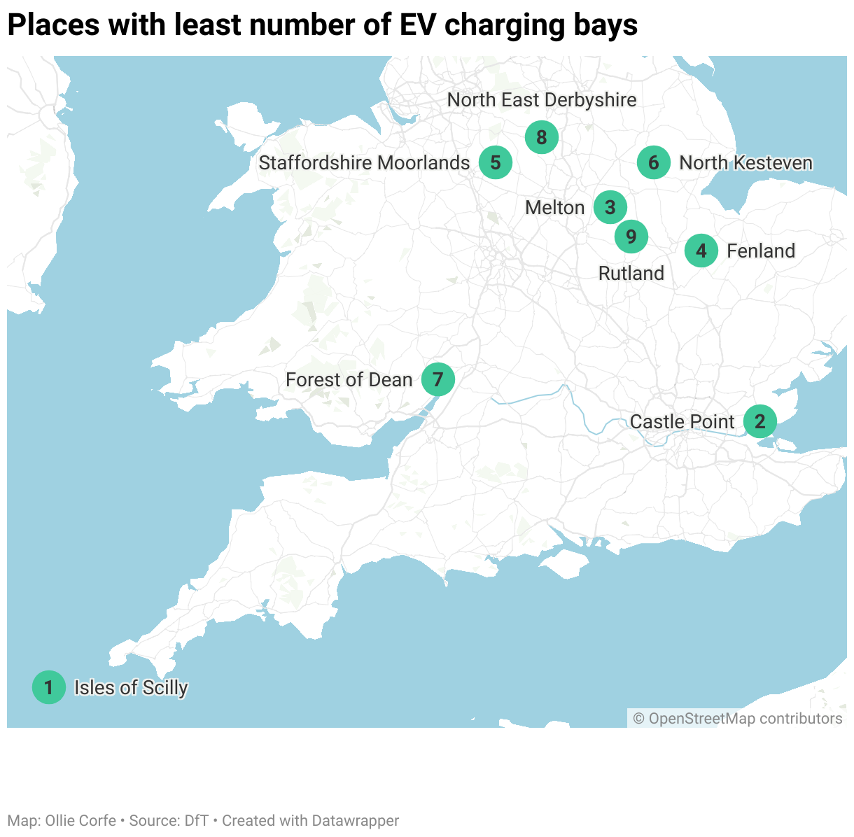 Map of areas with least amount of EV charging bays.