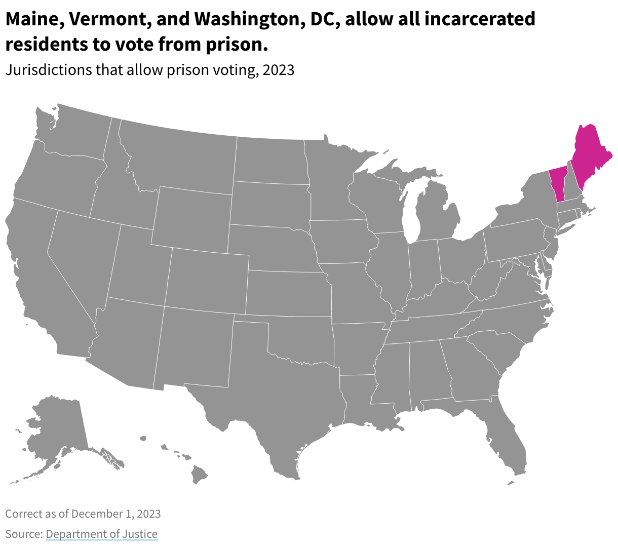 Map showing the three states that allow incarcerated people to vote from prison.
