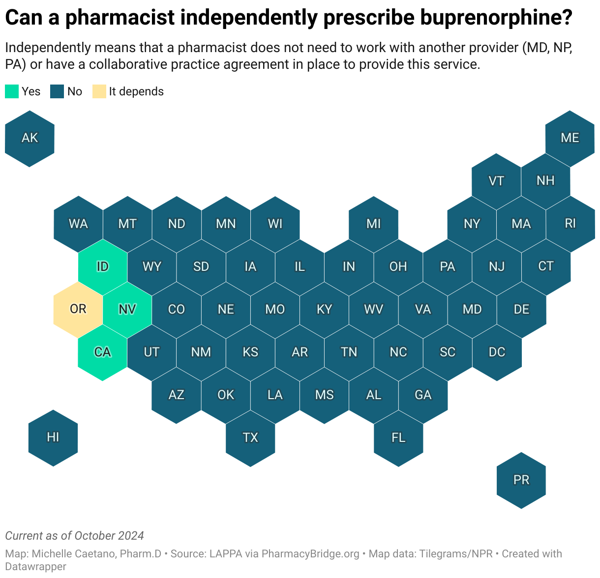 Can a pharmacist independently prescribe buprenorphine? (Choropleth map)