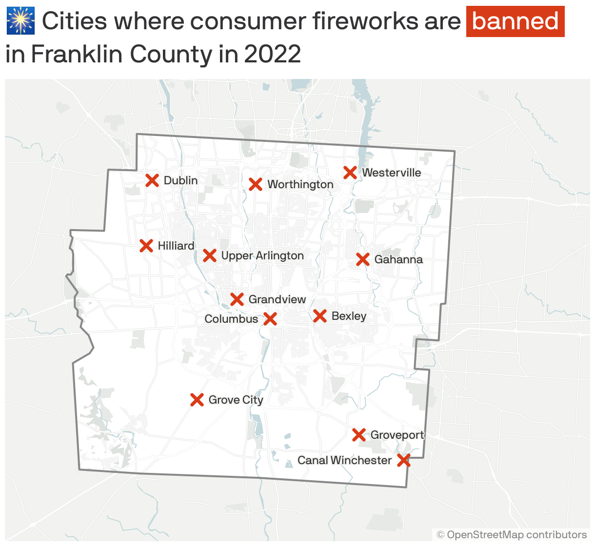 🎆 Cities where consumer fireworks are <span style="background:#D83B18; padding:3px 5px;color:white;">banned</span> in Franklin&nbsp;County in 2022