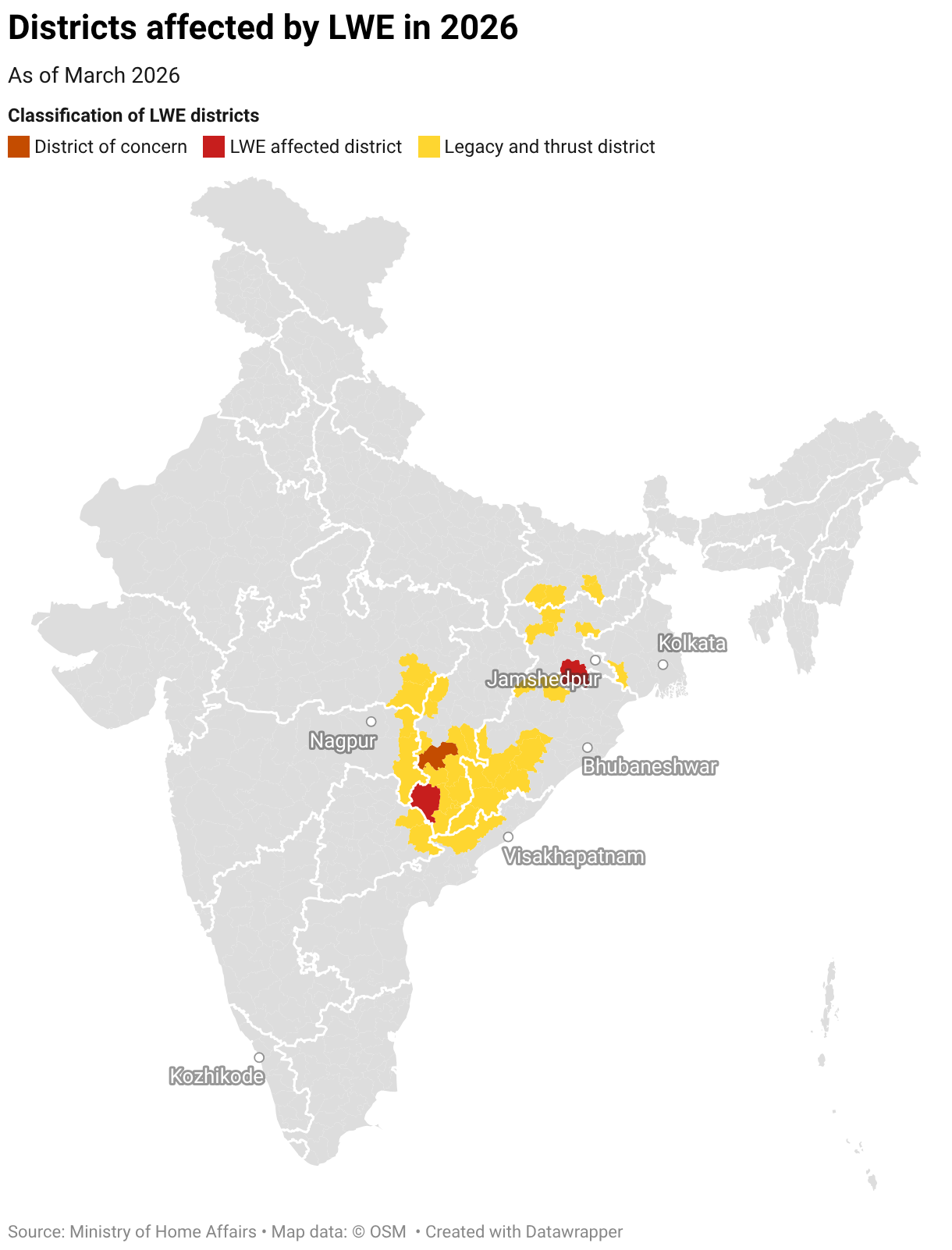 Districts affected by LWE in 2026 (Choropleth map)