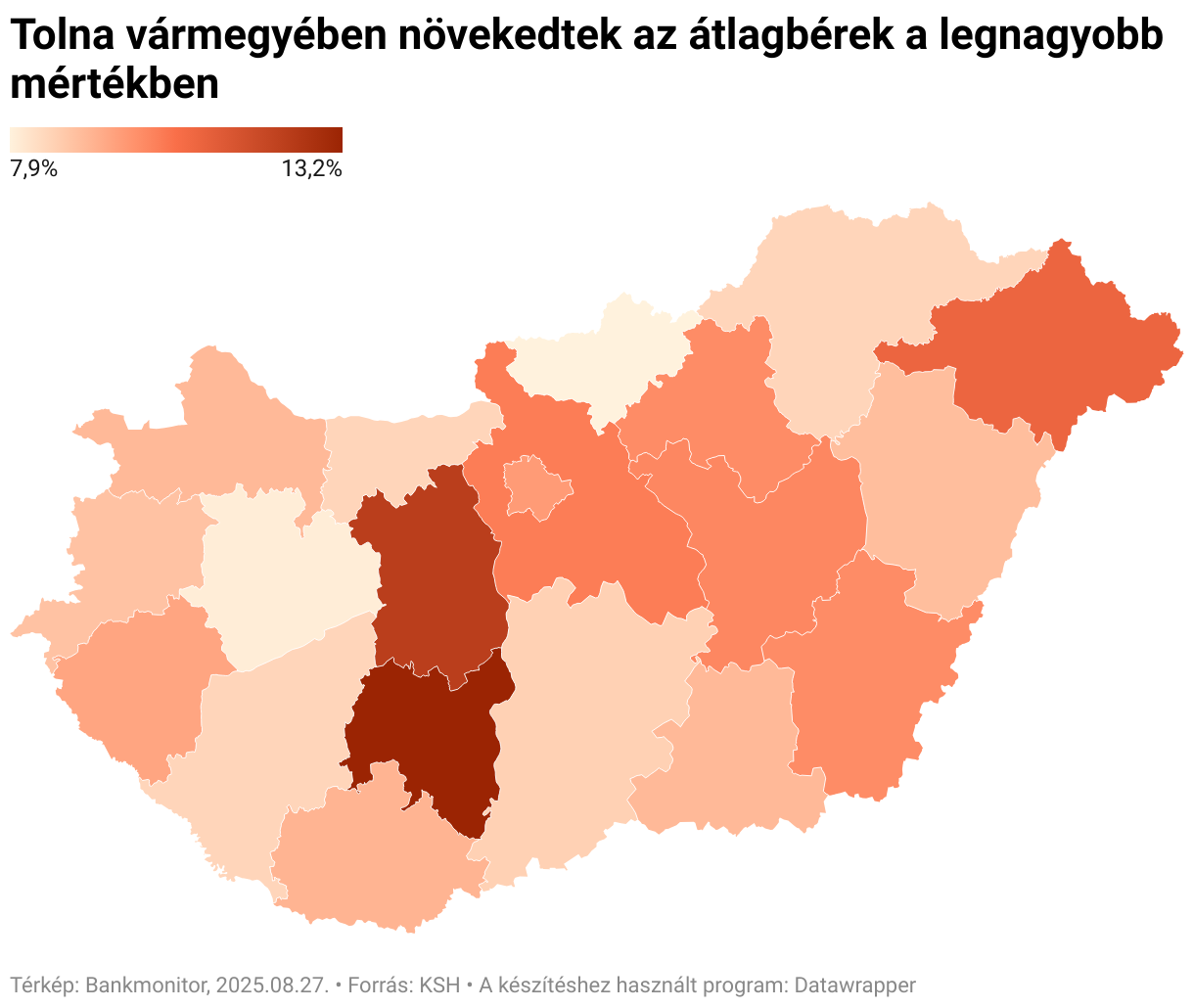 Tolna vármegyében növekedtek az átlagbérek a legnagyobb mértékben (Choropleth map)