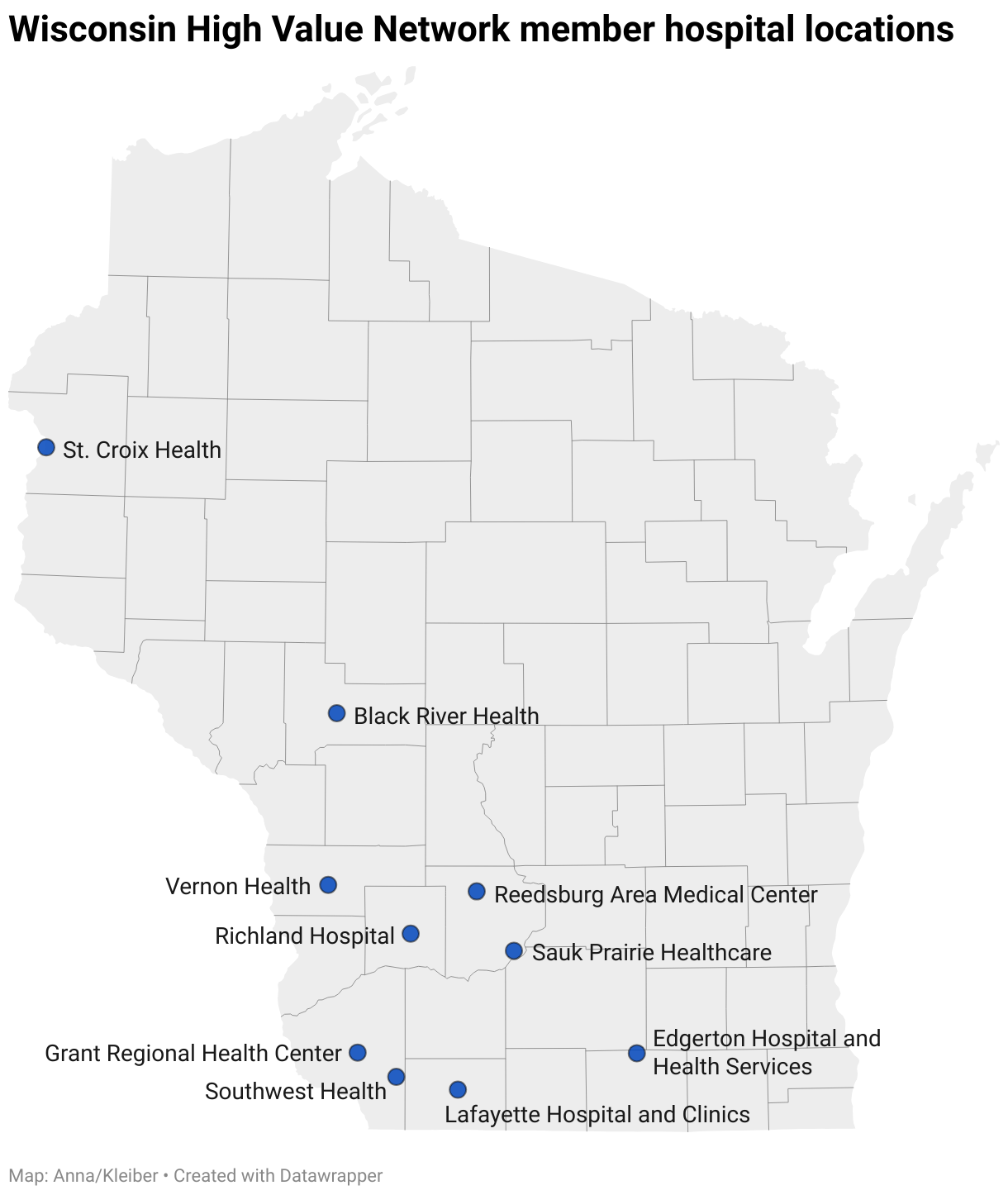 Wisconsin High Value Network member hospital locations (Symbol map)