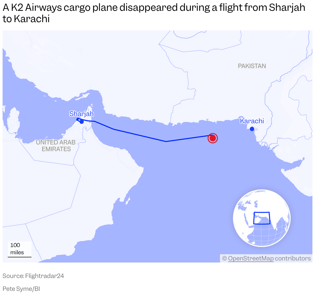 A map of the Arabian Sea shows a flight path from Sharjah to Karachi before the airplane disappeared off the coast of Pakistan