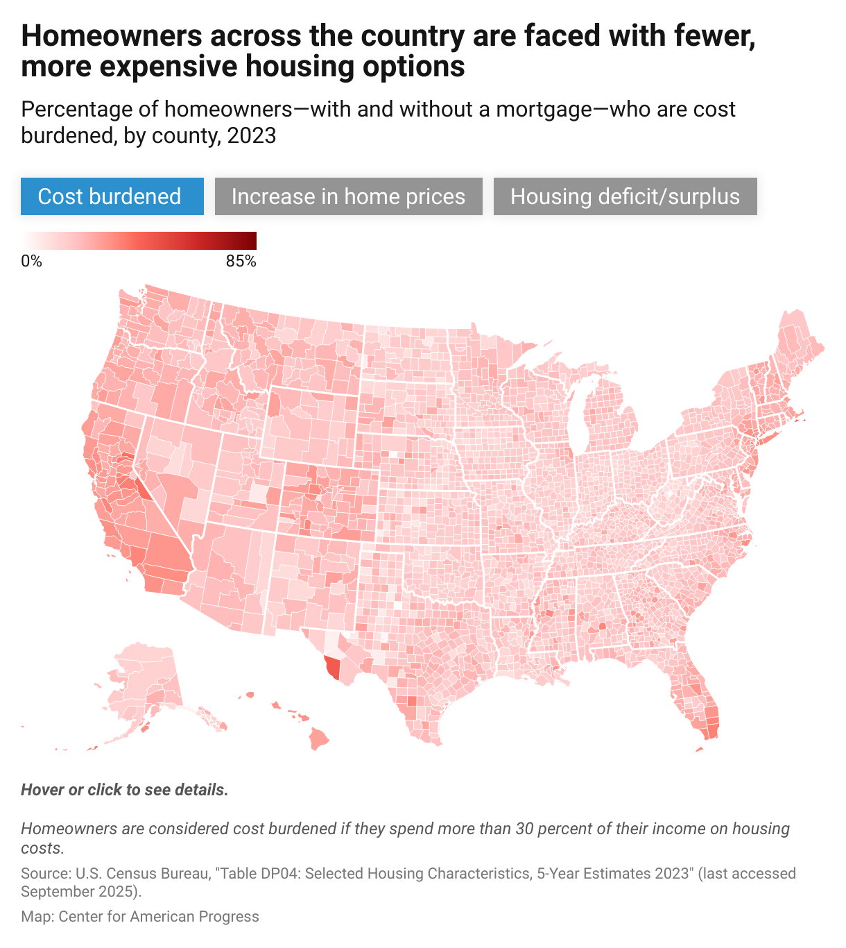 A map of the United States by county that shows the percentage of homeowners with and without a mortgage who were cost burdened in 2023.