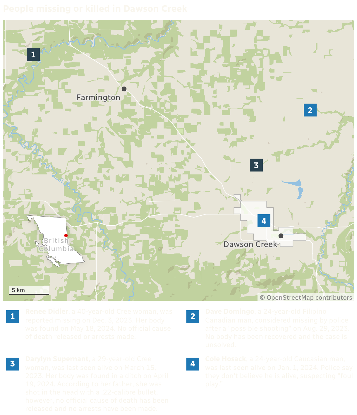 A map locating four people missing or killed in Dawson Creek, British Columbia over the past year. Each marker lists the person's, location and pertinent details.