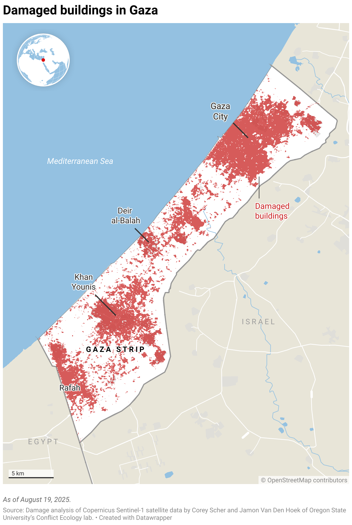 Damaged buildings in Gaza (Locator map)