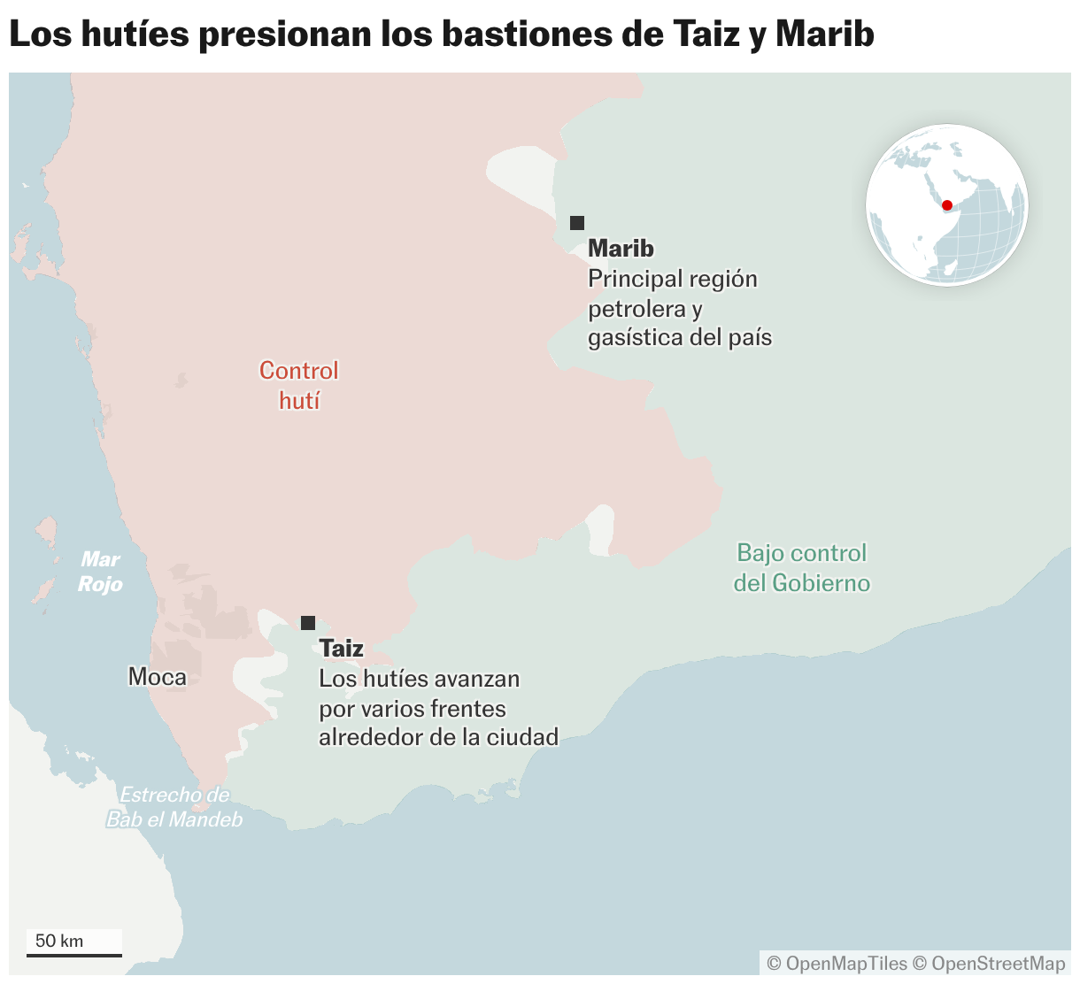 Los hutíes presionan los bastiones de Taiz y Marib (Mapas de ubicación)
