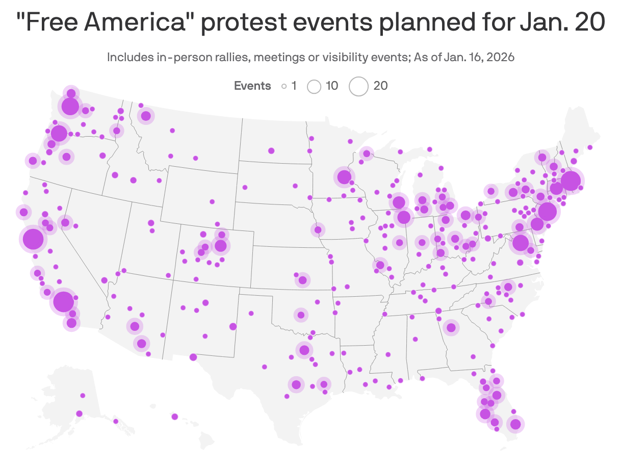 A map of the U.S. showing the locations of Free America protest events planned for January 20, 2026. There were at least 650 in-person events planned in cities as of January 16.