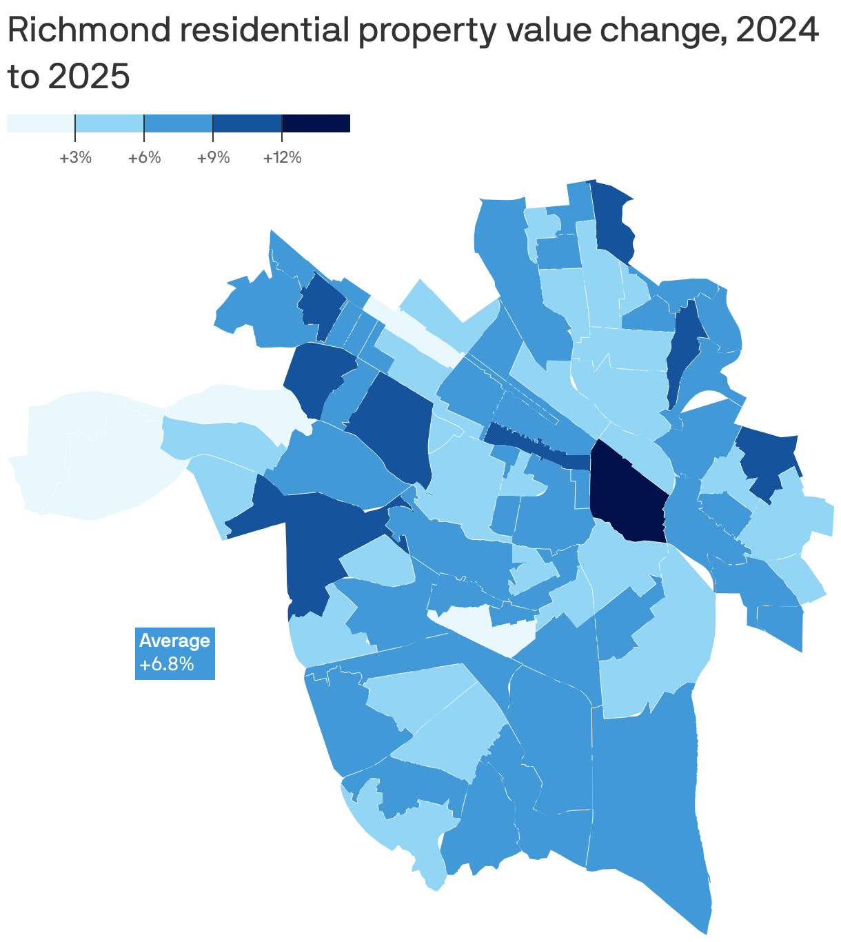 A choropleth map showing residential neighborhoods in Richmond, VA and the proposed residential tax increase from 2024 to 2025. On average, taxes are going up 6.8%.
