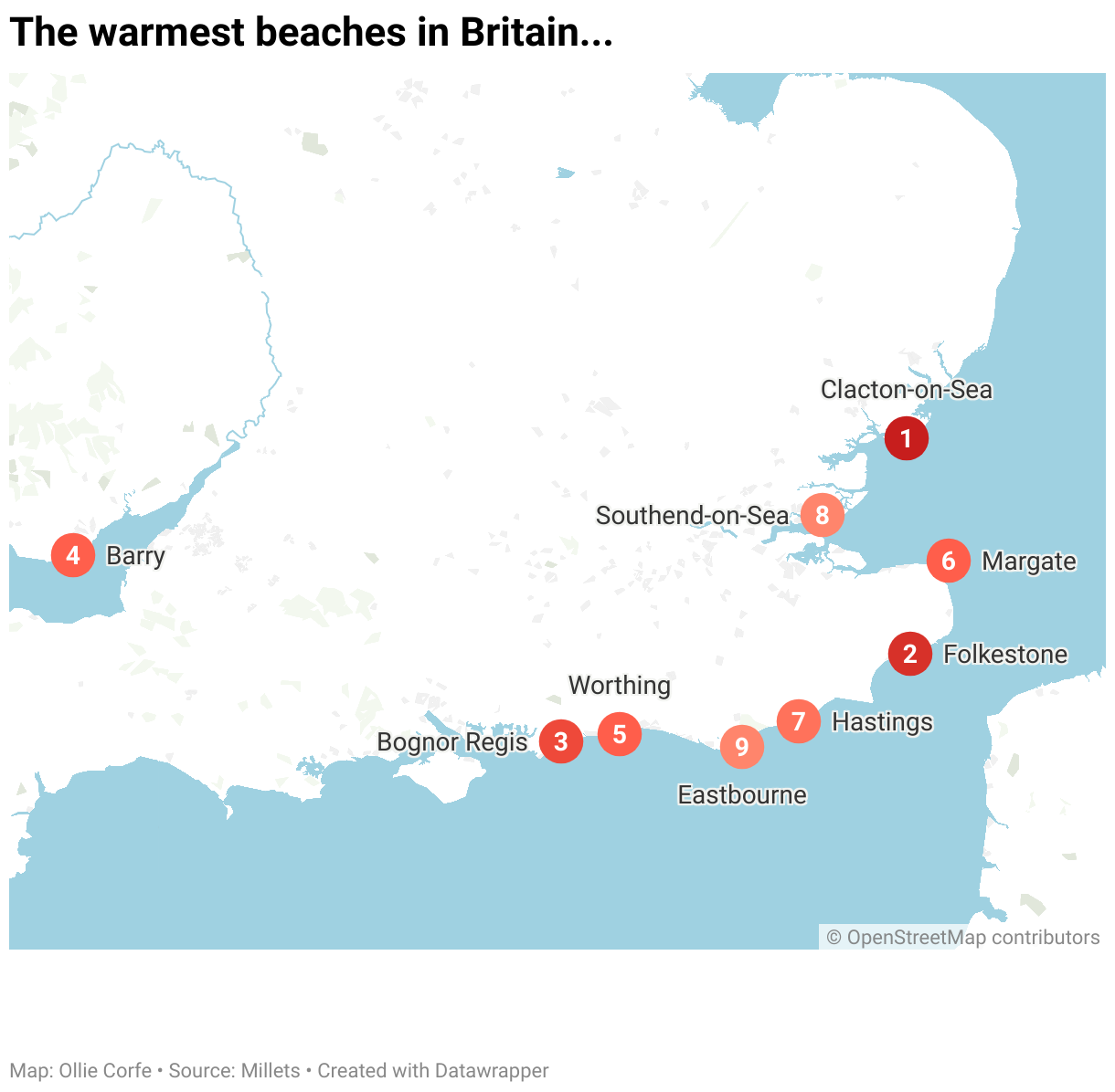 Warmest beaches in Britain map.
