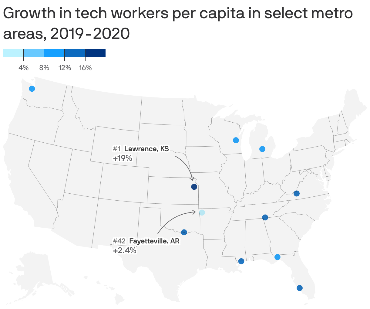 Growth in tech workers per capita in select metro areas, 2019-2020