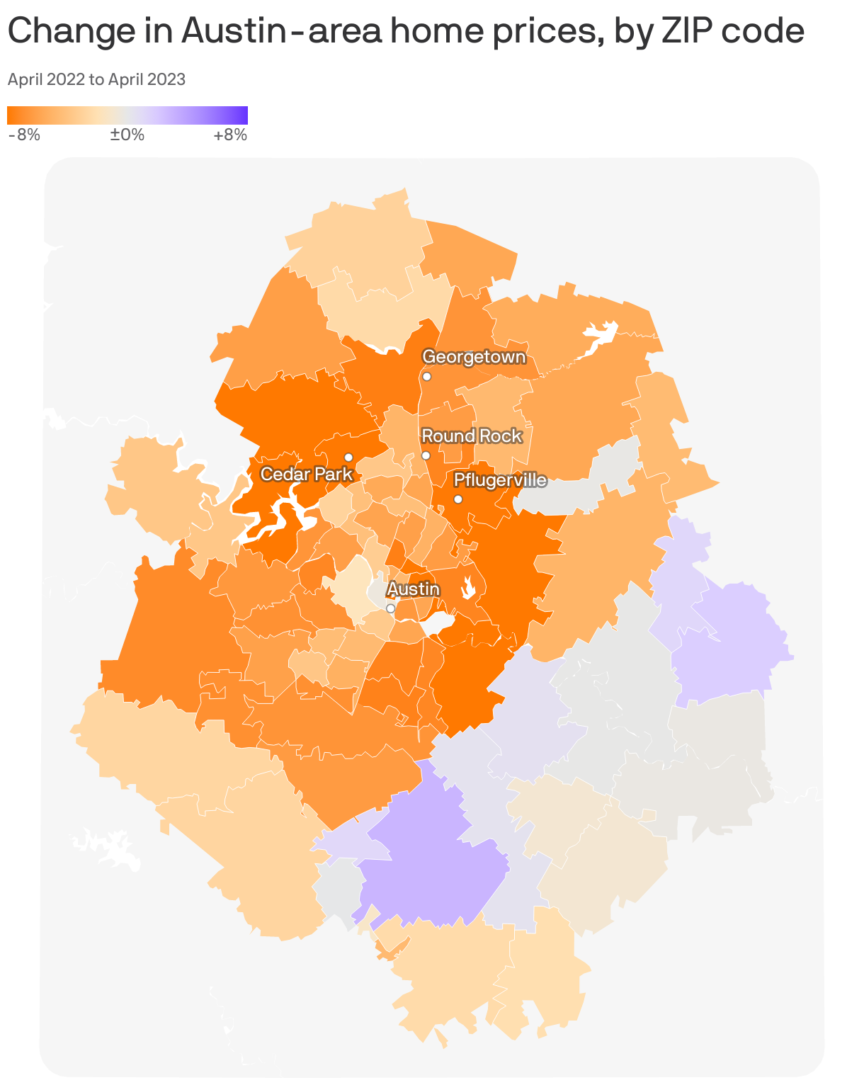 Change in Austin-area home prices, by ZIP code