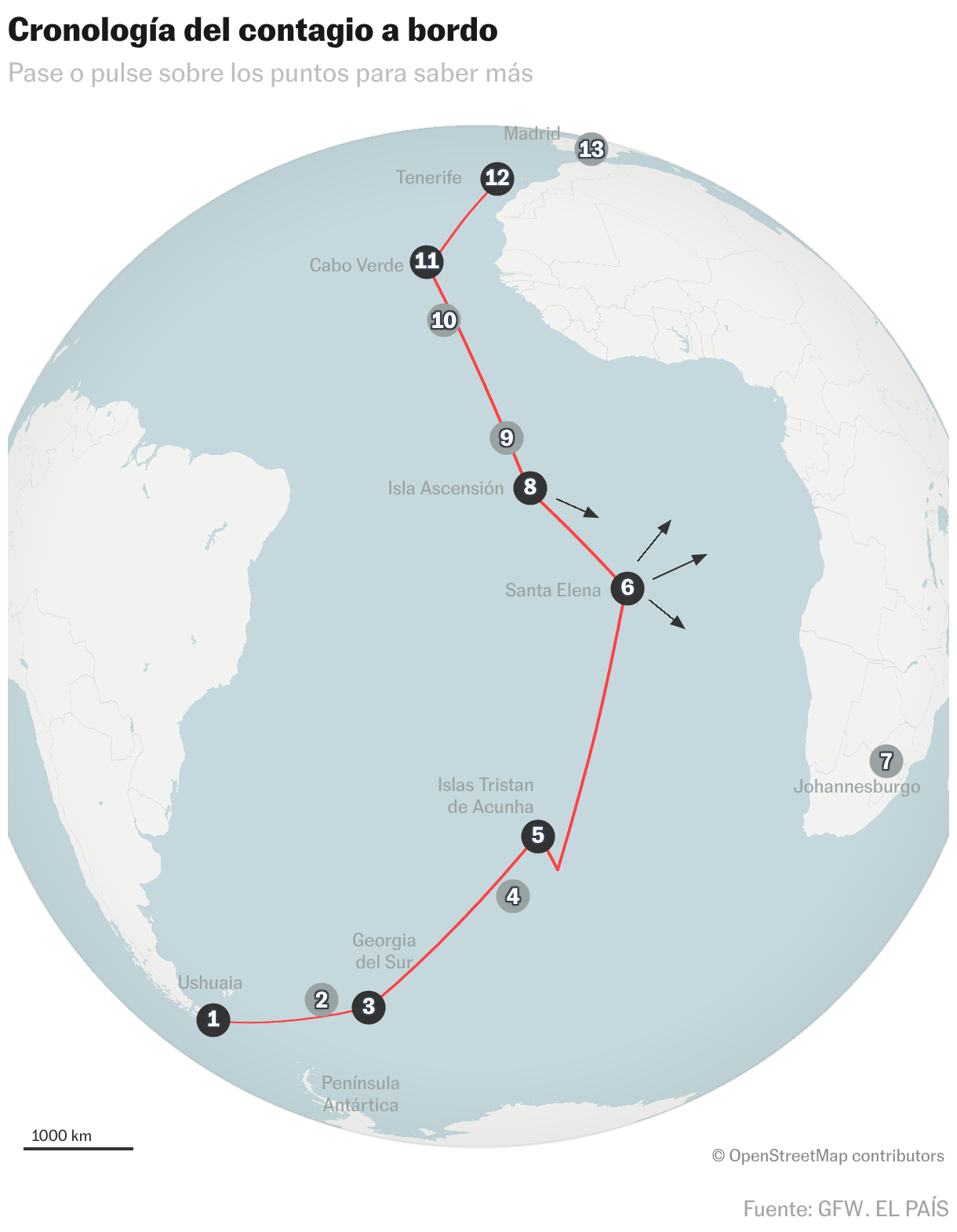 Cronología del contagio a bordo (Mapas de ubicación)