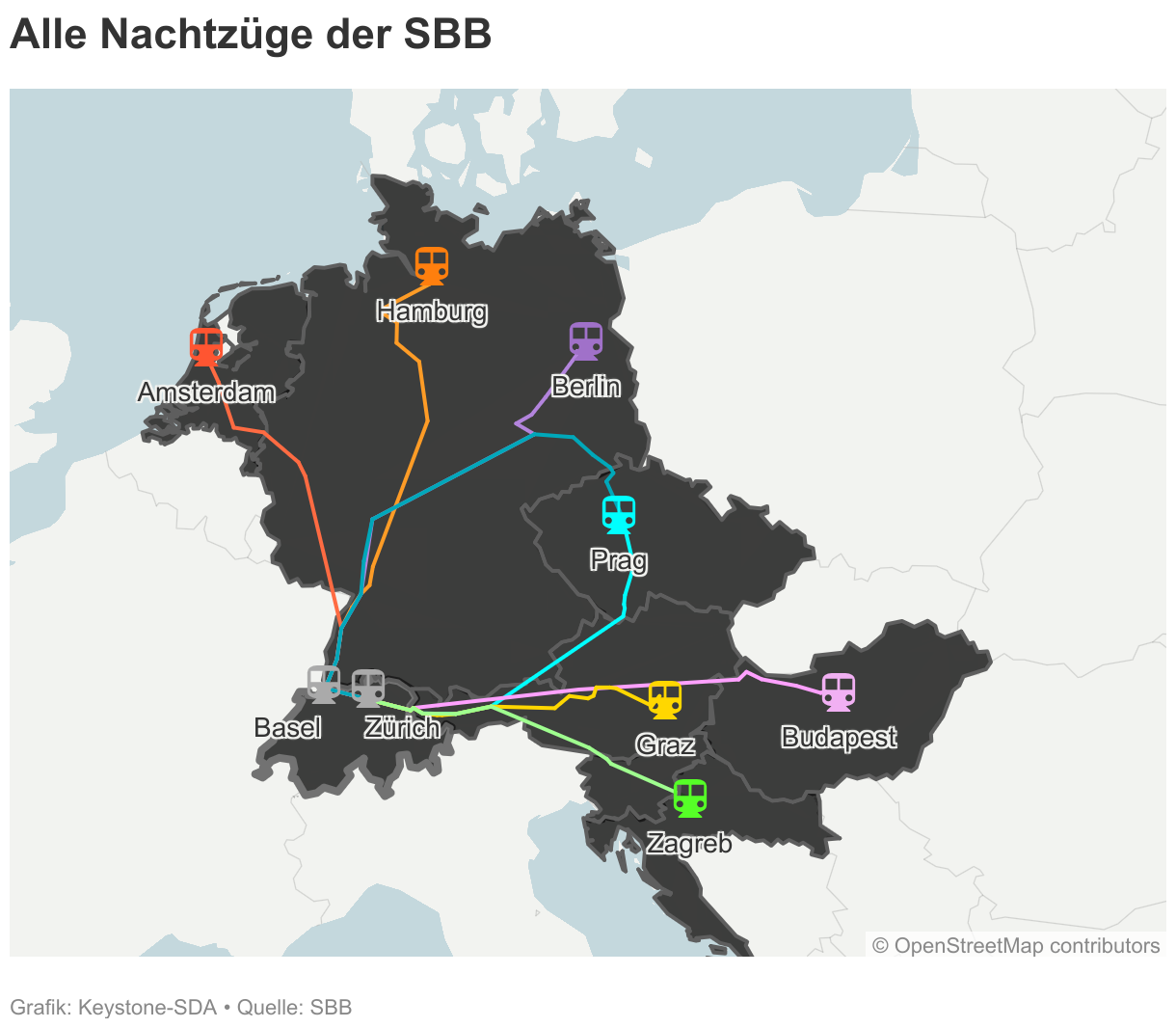 Alle Nachtzüge der SBB (Locator-Karte)