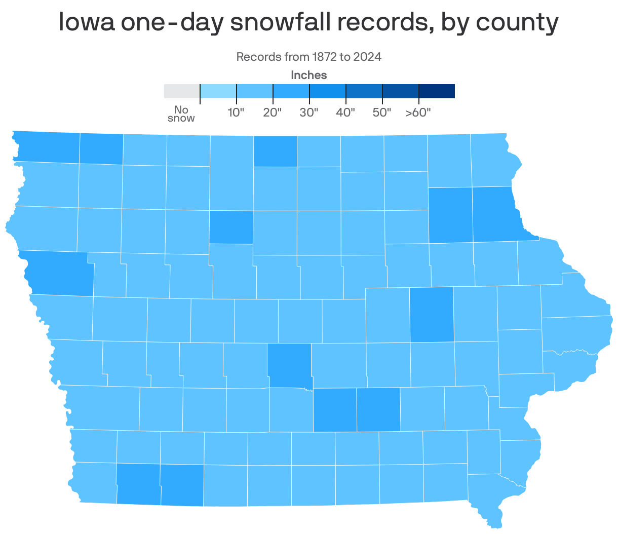 A map showing the one-day snowfall maximums in each county in Iowa. The largest snowfall was 24 inches in Taylor county on April 20, 1918.