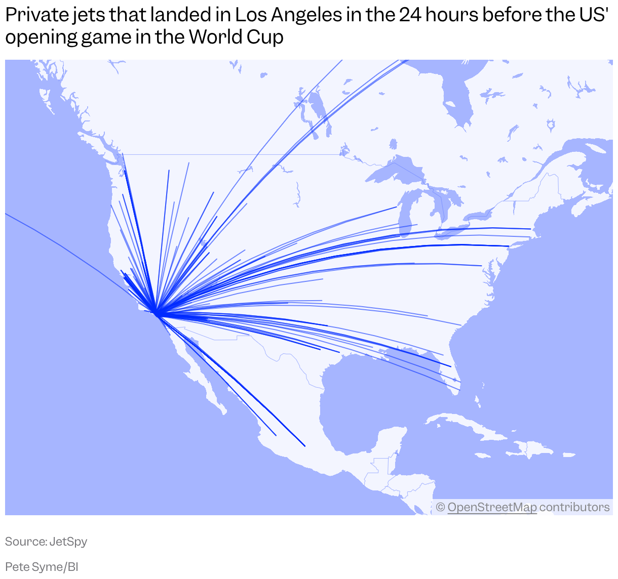Private jets that landed in Los Angeles in the 24 hours before the US' opening game in the World Cup
