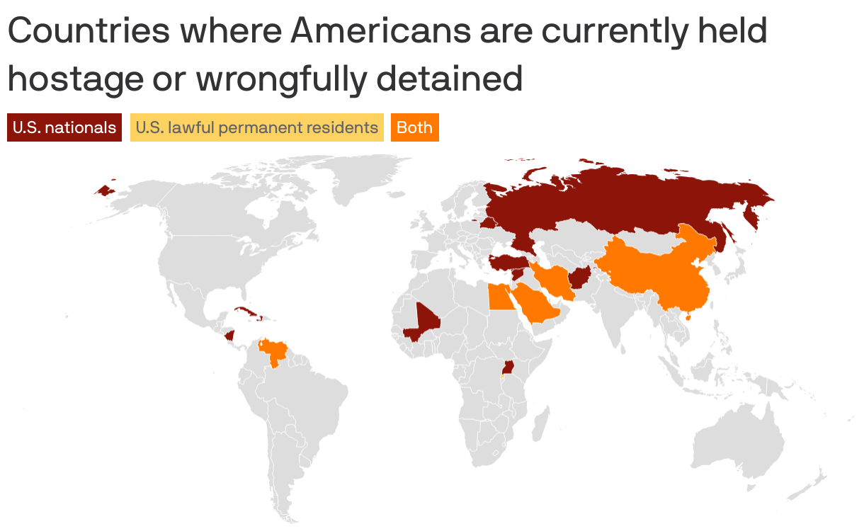 Countries where Americans are currently held hostage or wrongfully detained