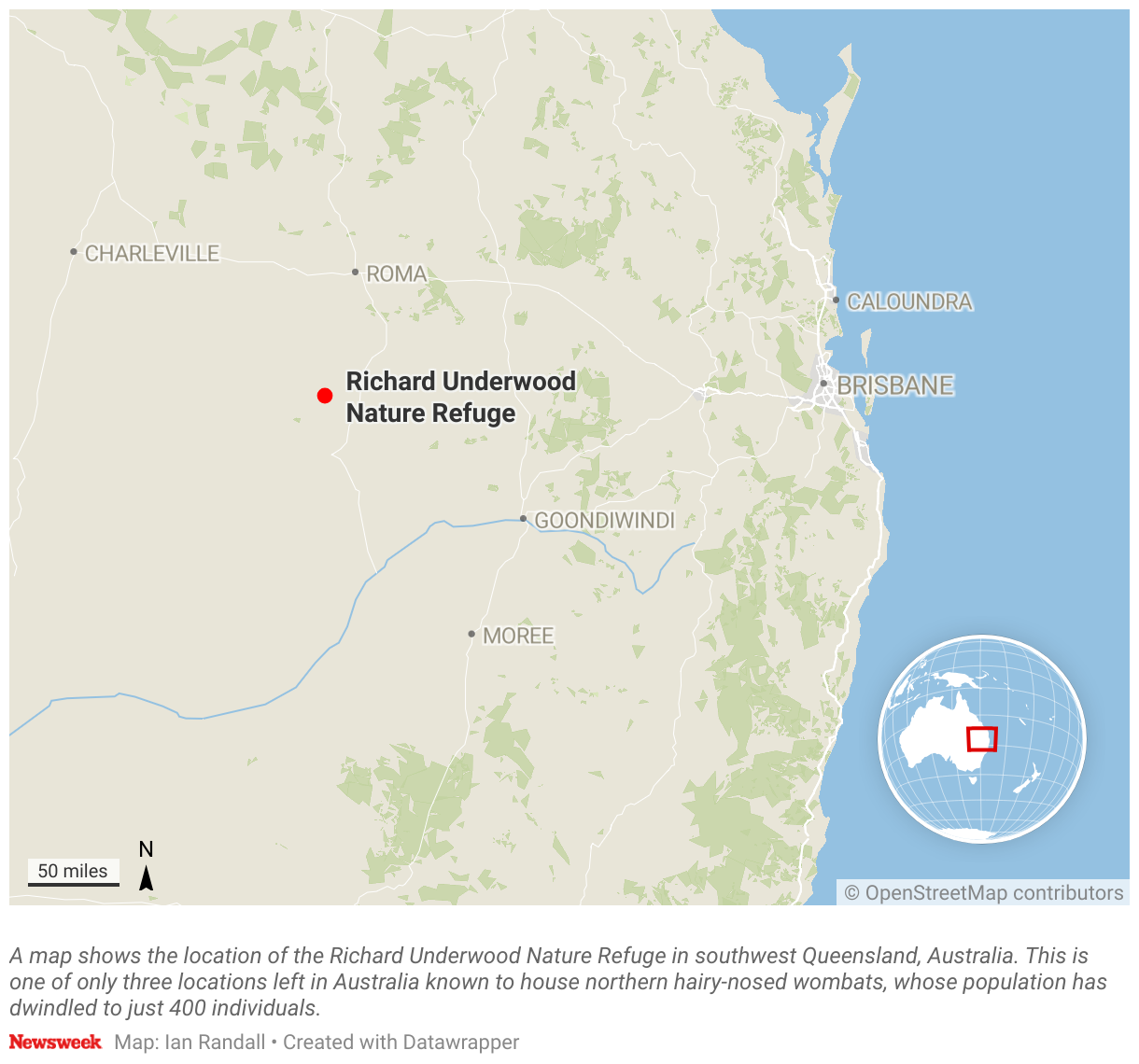 A map shows the location of the Richard Underwood Nature Reserve in southwest Queensland, Australia.