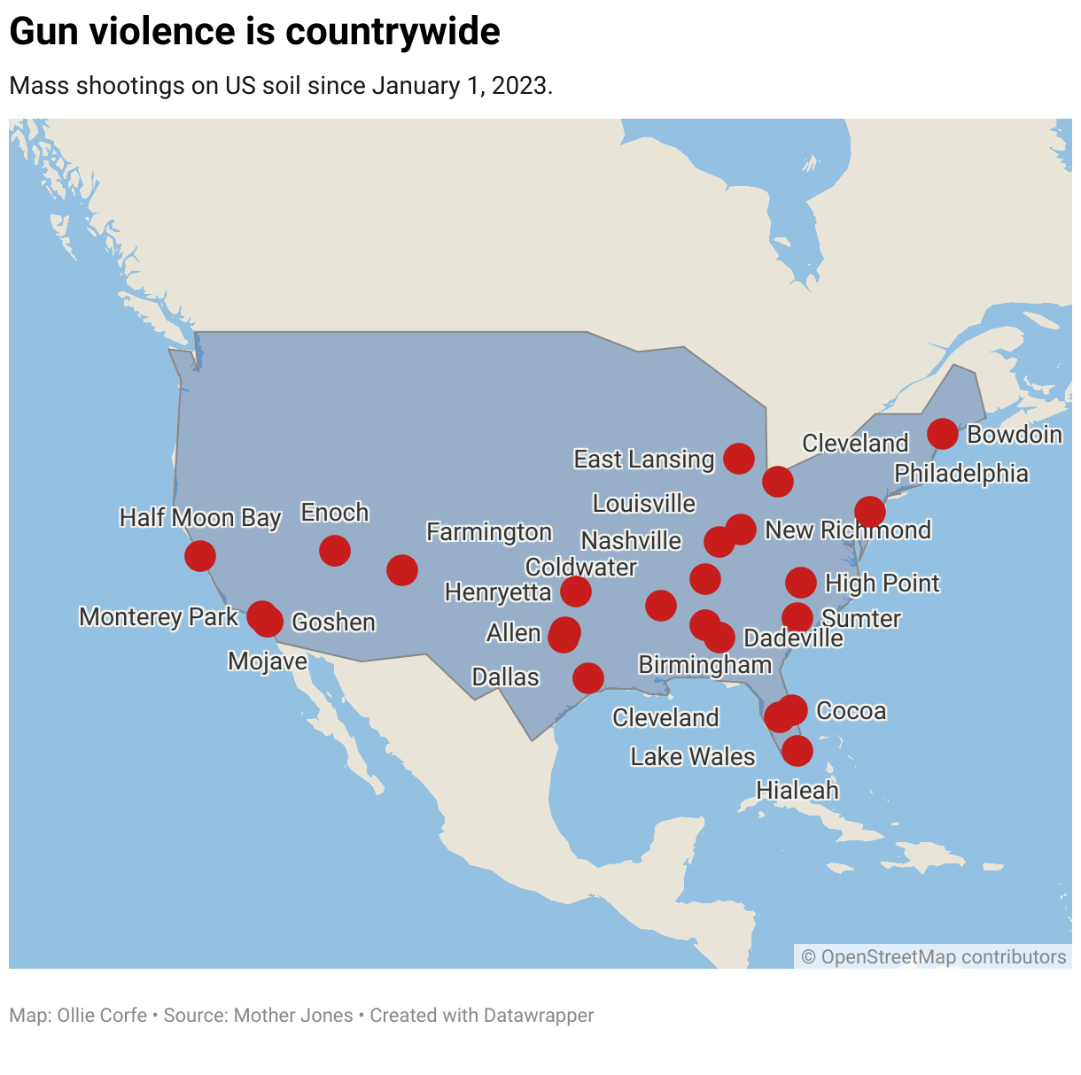 Map of US mass shootings in 2023.