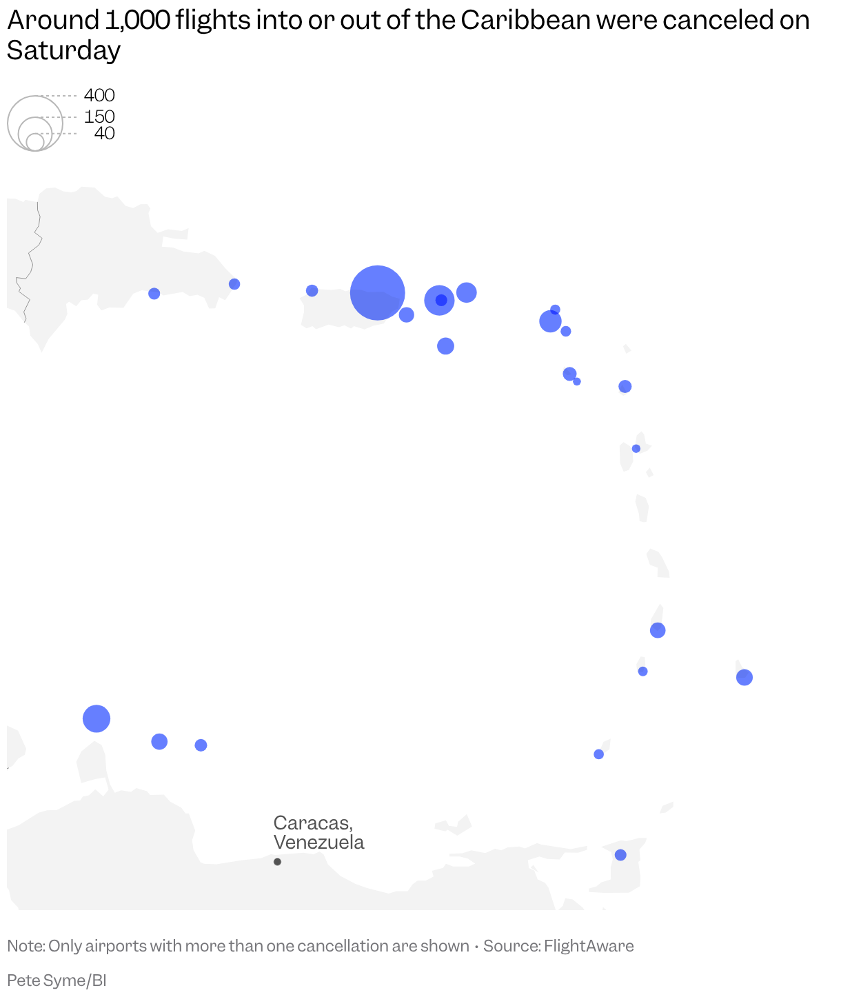 A map of the Caribbean with icons on each airport that had flights canceled on January 3, 2026, adjusted for size based on the number