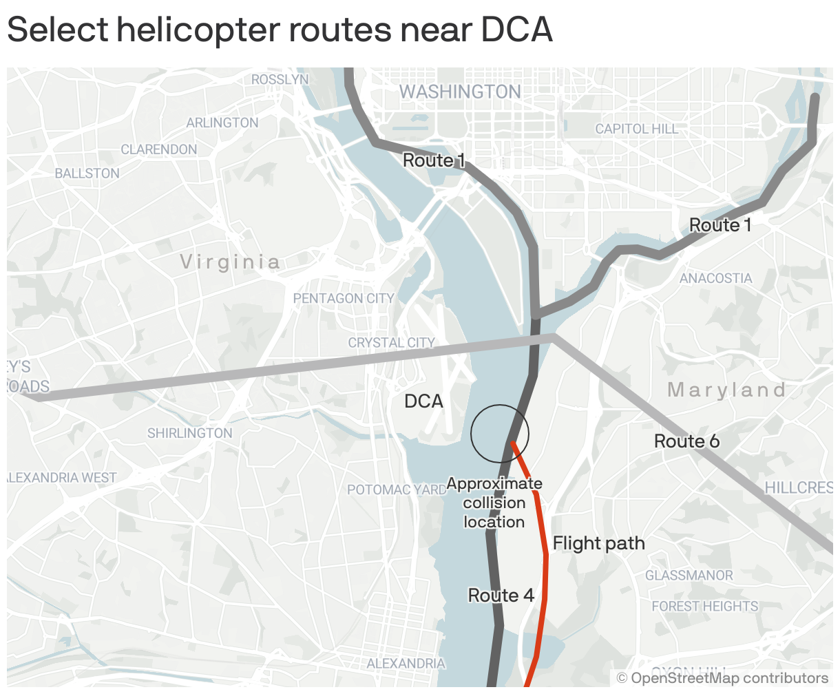 Map of the DC metro area shows three helicopter routes and the flight path of PSA 5342.