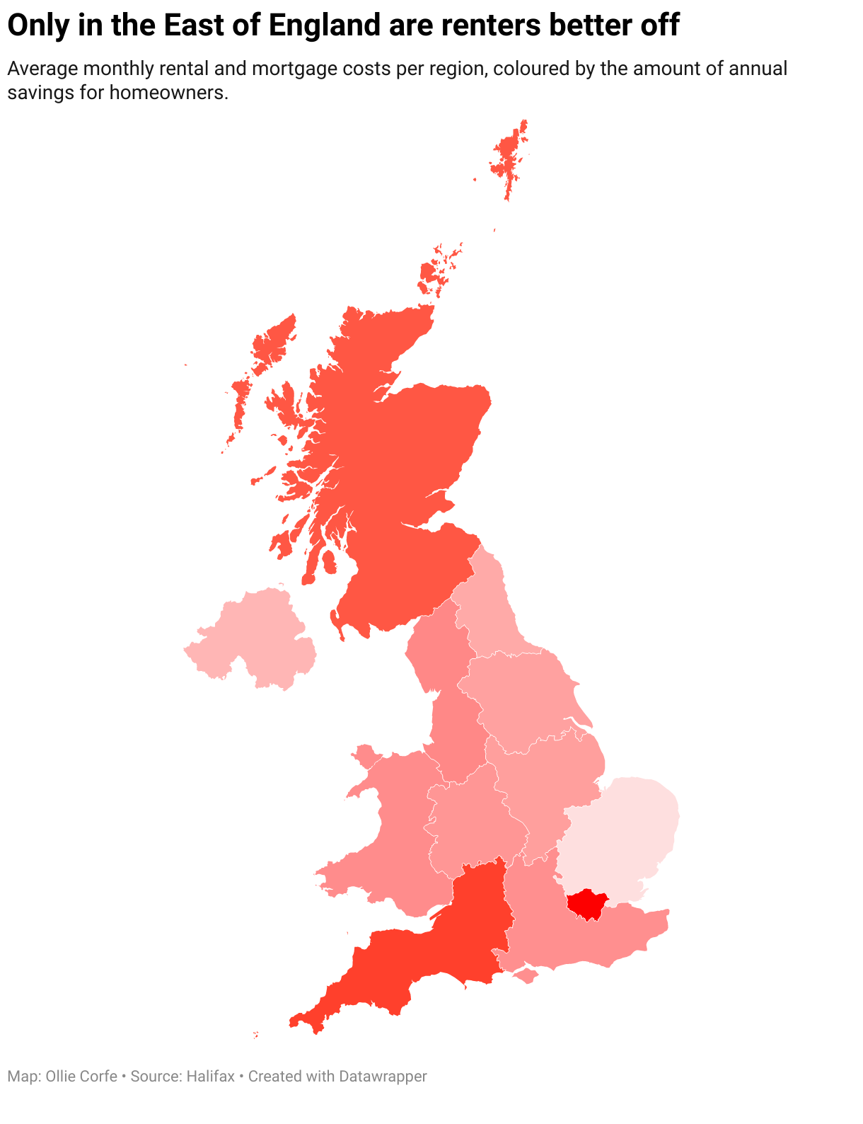 Map of the UK by rental versus home ownership amounts.