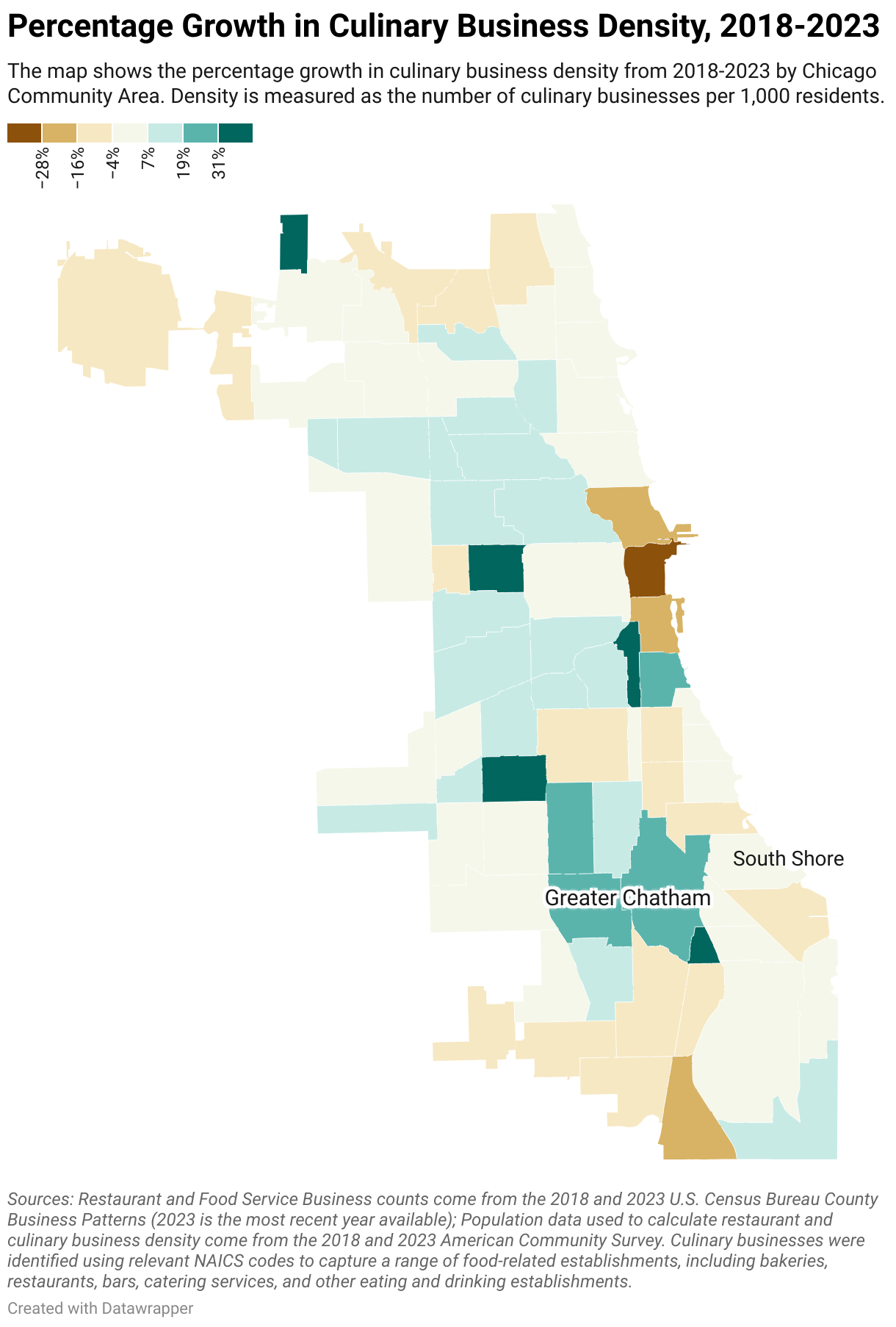Percentage Growth in Culinary Business Density, 2018-2023 (Choropleth map)