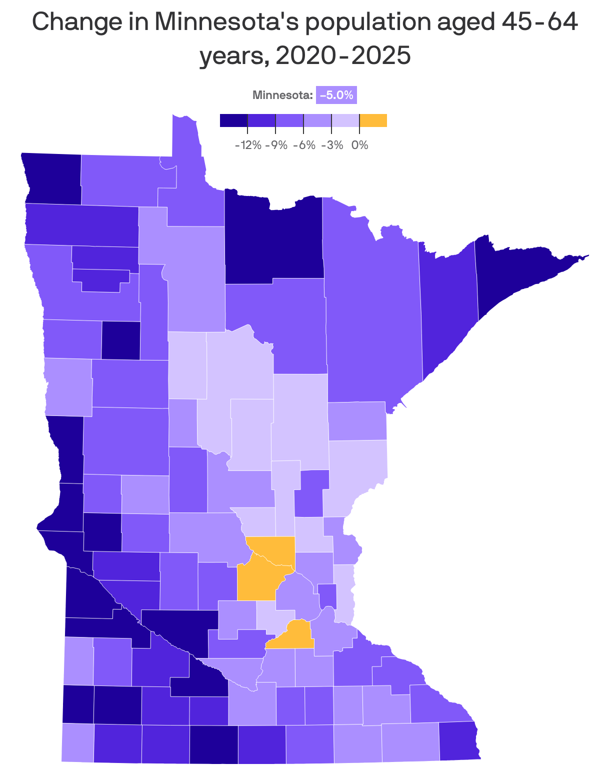 A chloropleth map of Minnesota's 87 counties showing the change in Minnesota's population of residents aged 45-64 years. Darker shaded regions in rural parts of the state have lost a larger share of their population aged 45-64 over the past five years. Much of the Twin Cities is shaded in a lighter shade of purple indicating smaller population losses. A few outer-ring Twin Cities suburbs — including Sherburne, Wright and Scott Counties — are the only counties in the state that have seen an increase in their population of 45-64 year old residents. The largest declines are in western Minnesota (Traverse County) and far northeastern Minnesota (Cook County).