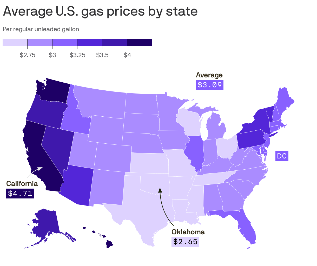 Average U.S. gas prices by state