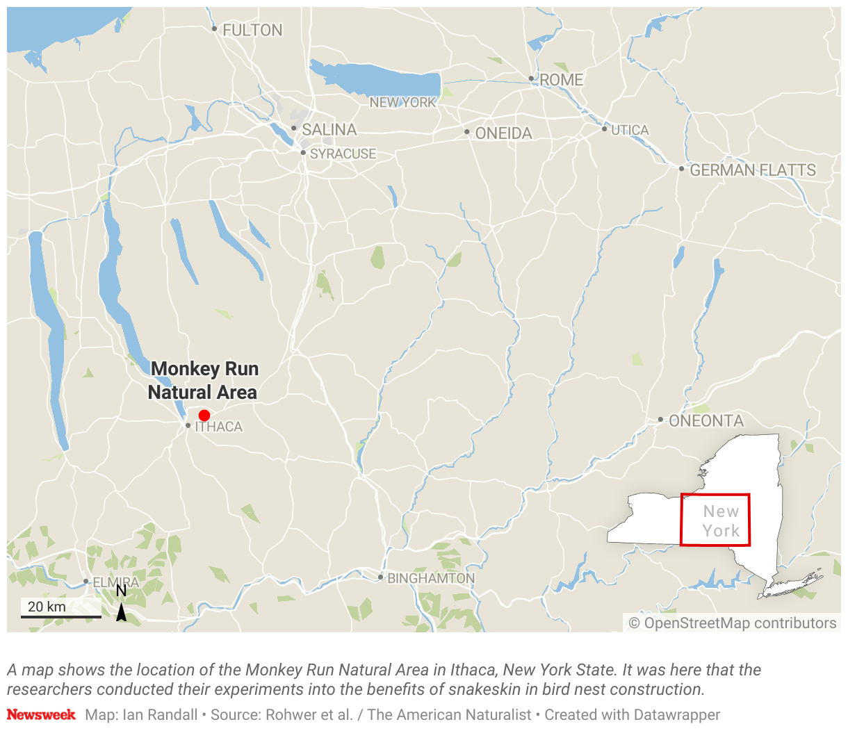 El mapa muestra la ubicación del Área Natural Monkey Run en Ithaca, Nueva York.