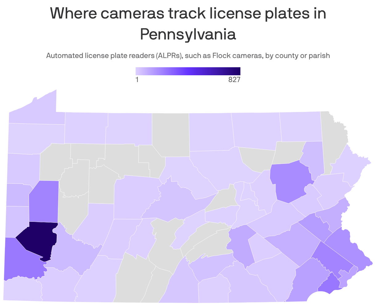 A map showing in the number of ALPR cameras in each county in the state. Darker shades represent more cameras, lighter shades represent fewer, and gray means there have been no cameras reported in that county.