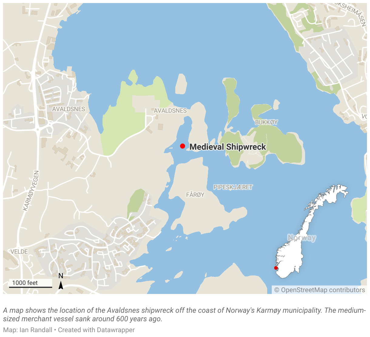A map shows the location of the Avaldsnes shipwreck in Norway's Karmøy municipality.