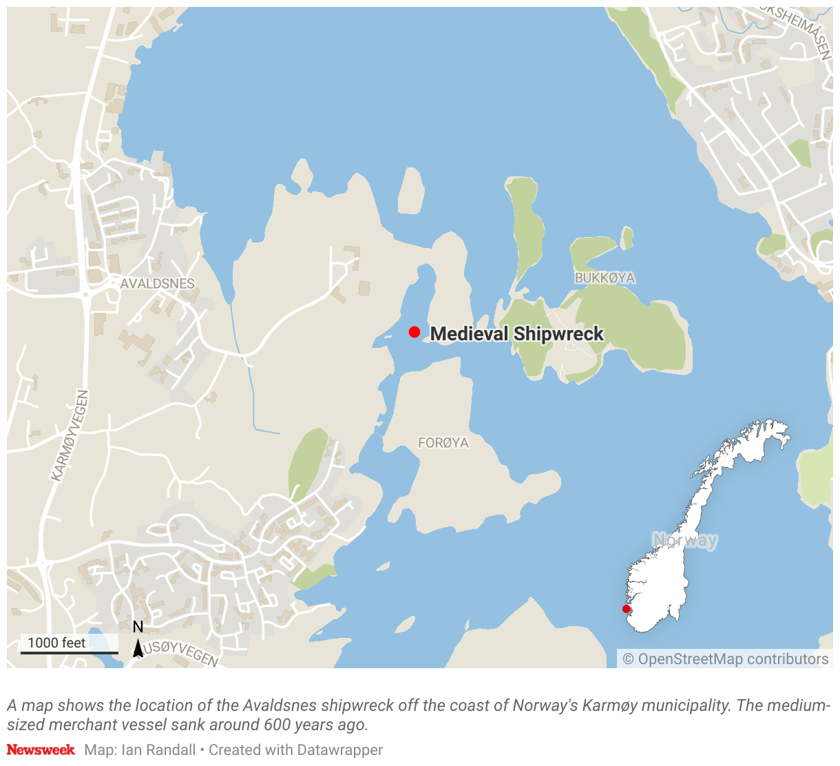 A map shows the location of the Avaldsnes shipwreck in Norway's Karmøy municipality.