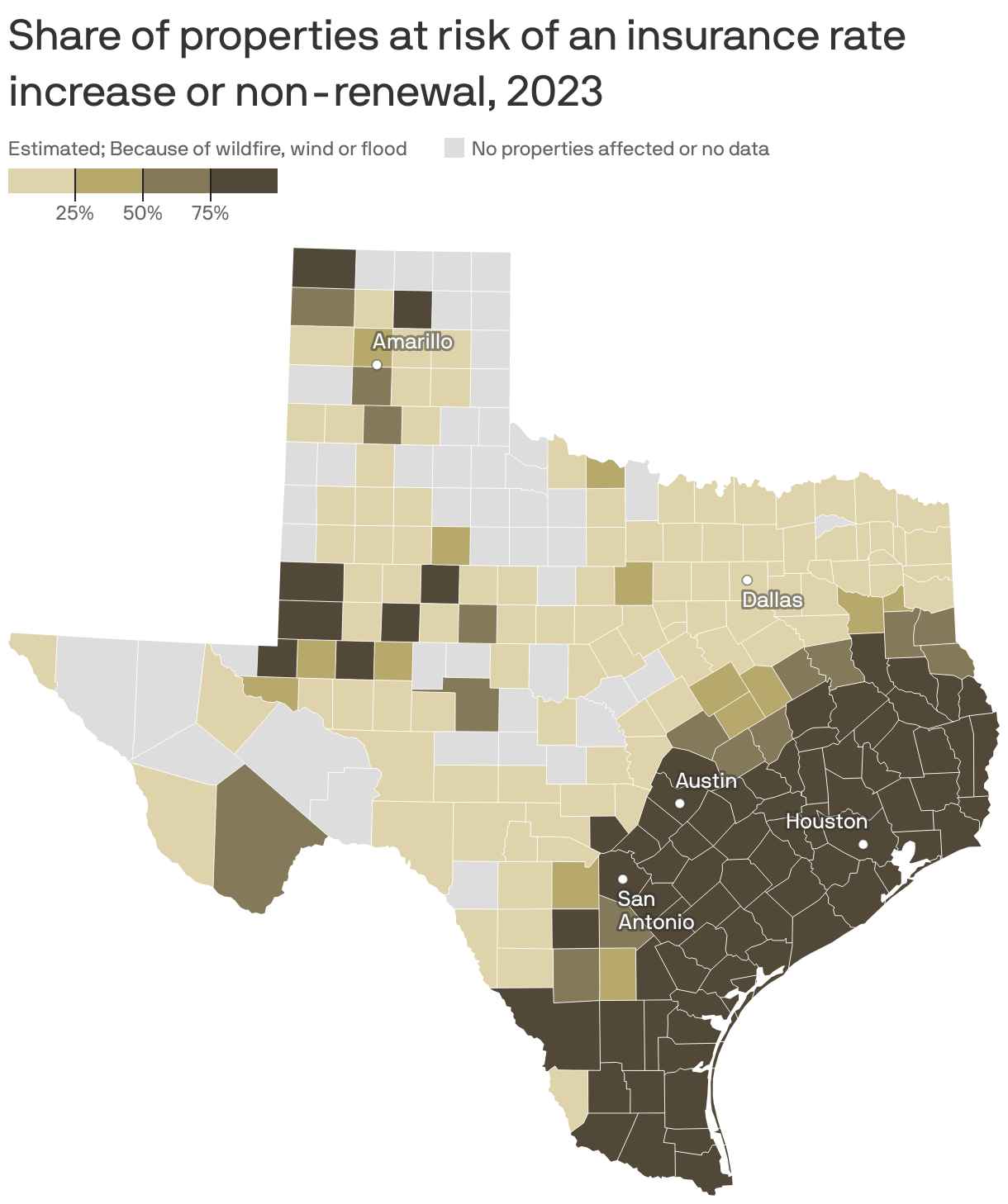 Map of Texas counties showing the share of properties at risk an insurance rate increase or non-renewal in 2023. Of the 12.4 million properties in Texas, 55% are at risk of an increase from either wildfire, wind or flood. 4% of properties are at risk from wildfire, 50% from wind and 10% from flood.