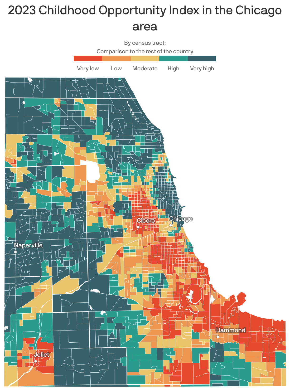 A map showing the 2023 Childhood Opportunity Index in the Chicago area. 21% of census tracts are ranked "very low", 15% "low", 14% "moderate", 18% "high", and 32% "very high".