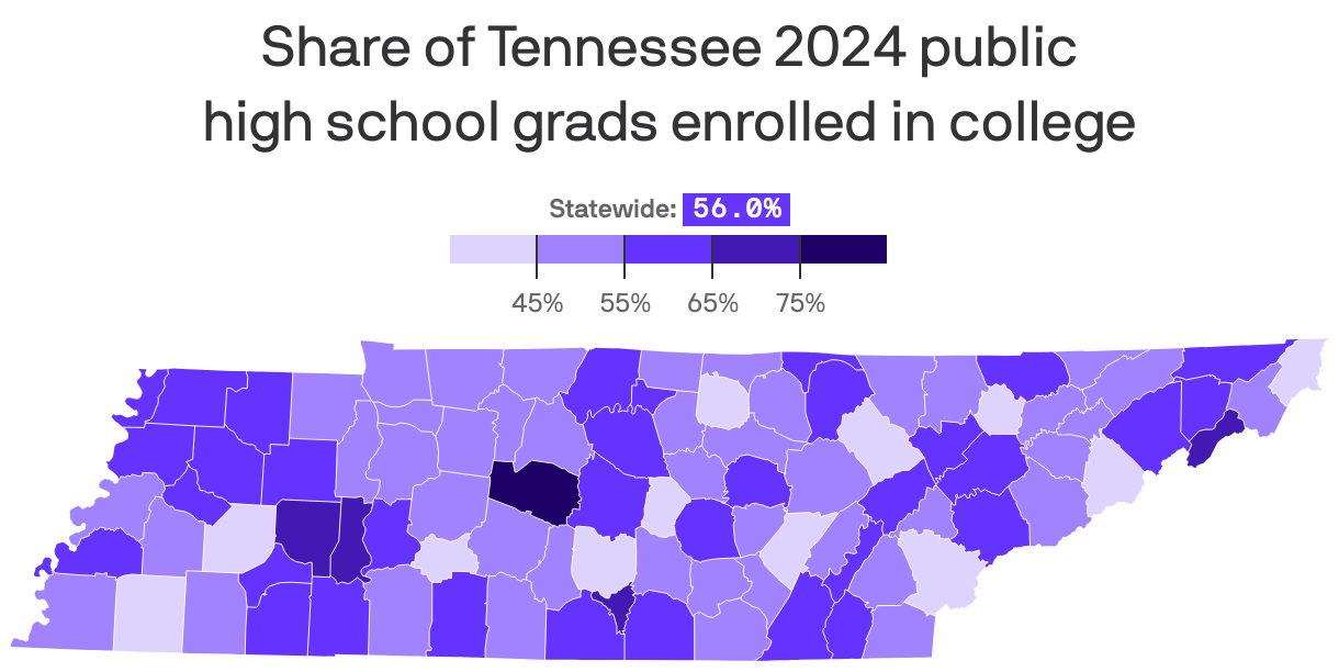 A map showing the share of Tennessee 2024 public high school grads enrolled in college. Overall, the statewide rate is 56.0%, while counties range from 34.1% in Johnson County to 84.0% in Williamson County. Davidson County is below the statewide rate at 49.4%.