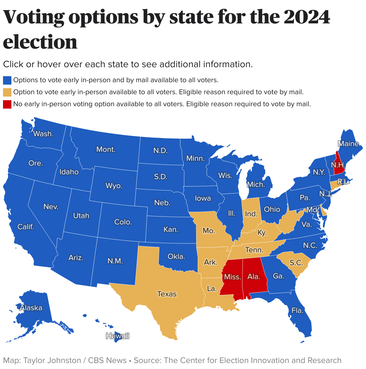 Mapa de EE. UU. que muestra las opciones de votación por estado para las elecciones de 2024.