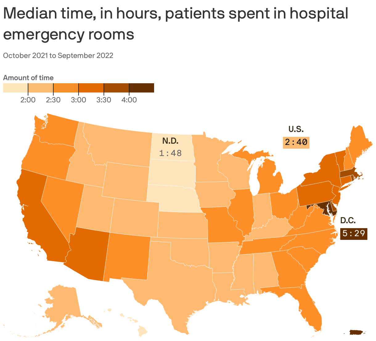 Median time, in hours, patients spent in hospital emergency rooms