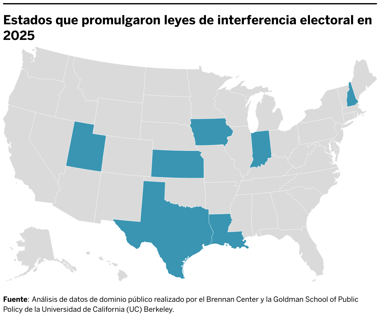 Estados que promulgaron leyes de interferencia electoral en 2025 (Choropleth map)