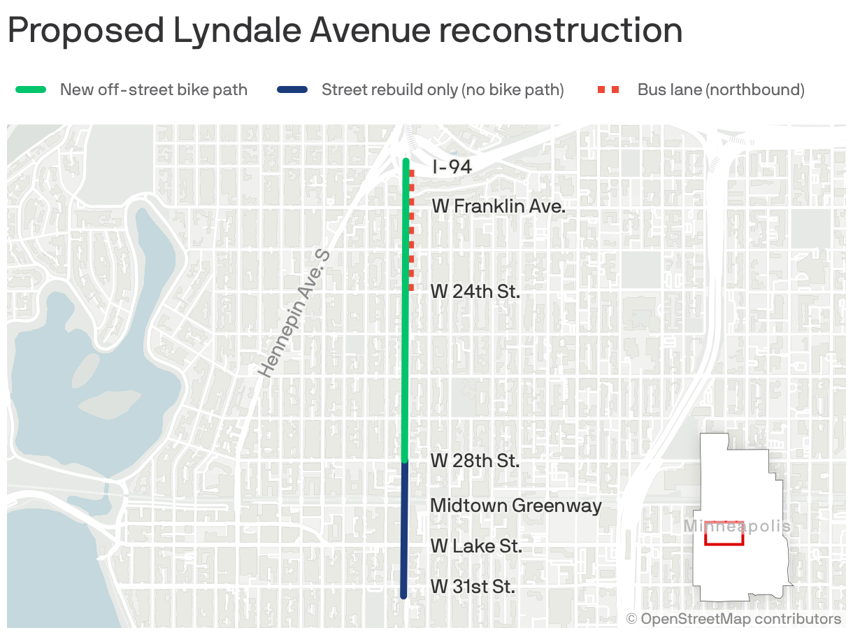 A map of South Minneapolis showing an overview of the proposal to rebuild Lyndale Avenue. The map indicates that a new off-street bike path will be built along the north-south street between I-94 and West 28th Street. The full project continues south to West 31st Street without a bike lane. There will also be dedicated transit lanes built between West 24th Street and the I-94 freeway