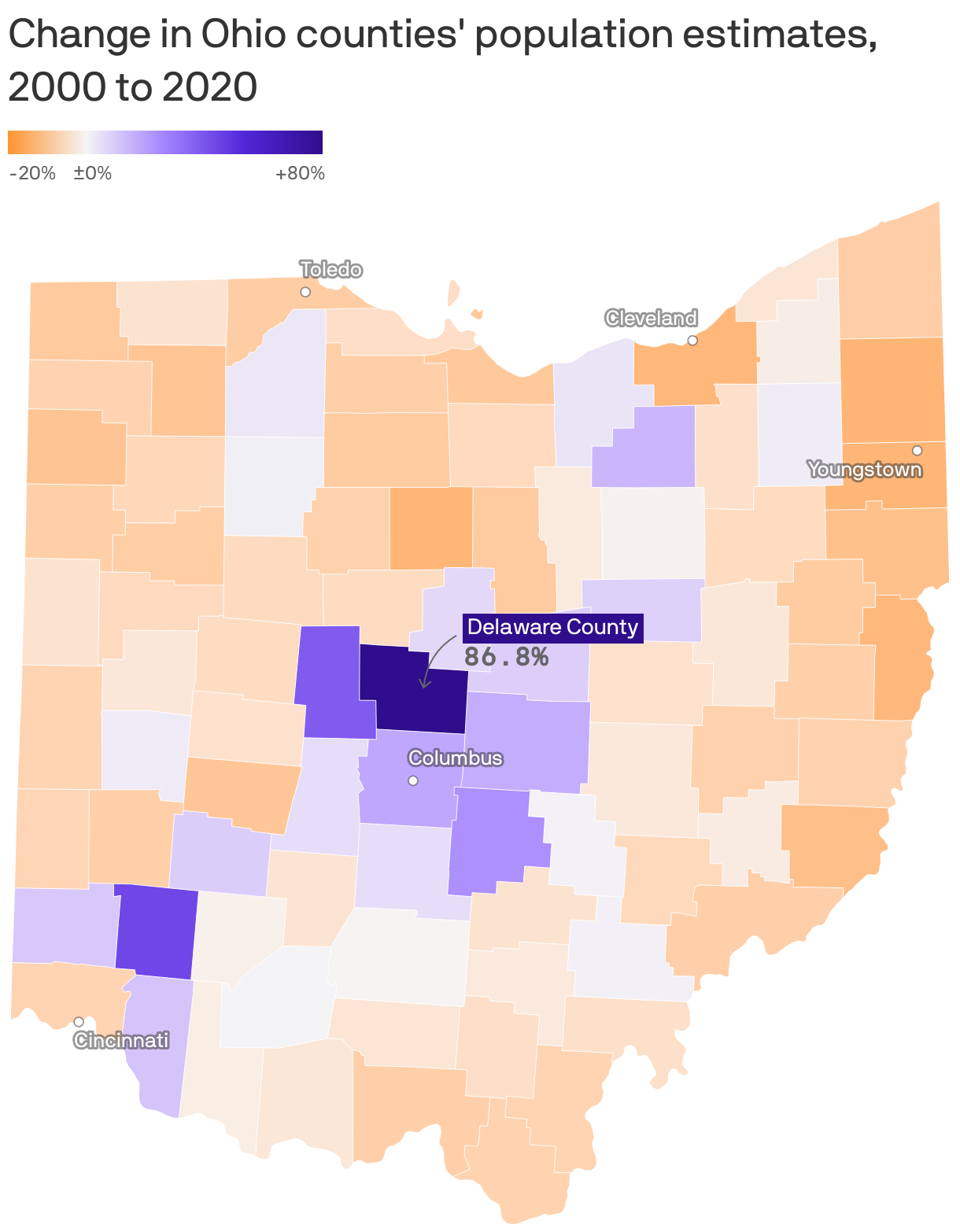 Change in Ohio counties population estimates, 2000 to 2020